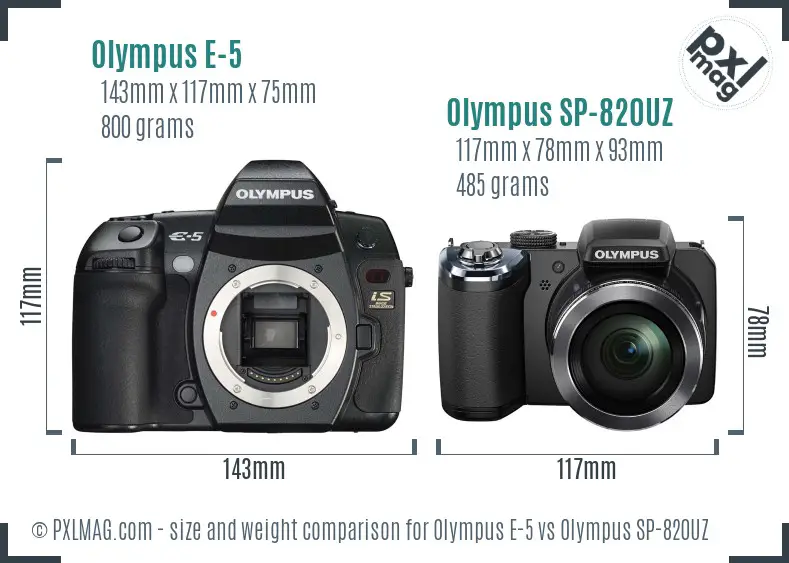 Olympus E-5 vs Olympus SP-820UZ size comparison