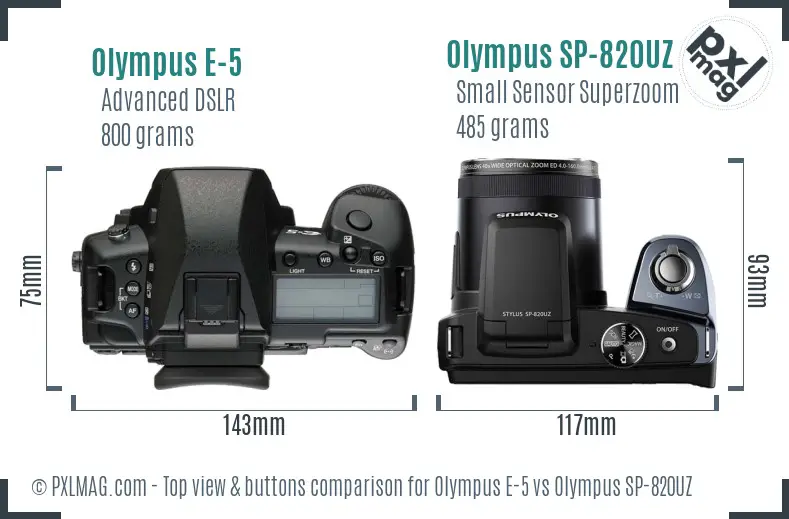 Olympus E-5 vs Olympus SP-820UZ top view buttons comparison