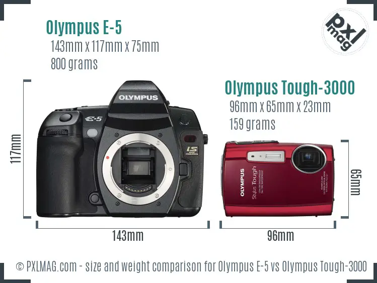 Olympus E-5 vs Olympus Tough-3000 size comparison