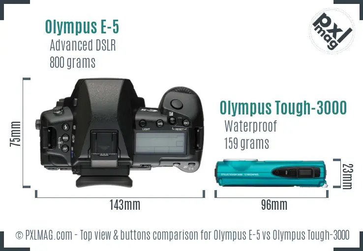 Olympus E-5 vs Olympus Tough-3000 top view buttons comparison