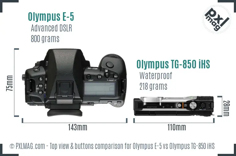 Olympus E-5 vs Olympus TG-850 iHS top view buttons comparison