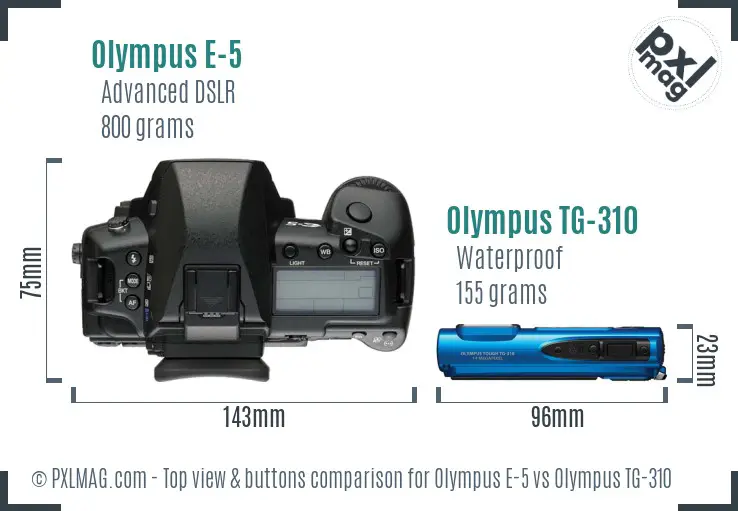 Olympus E-5 vs Olympus TG-310 top view buttons comparison