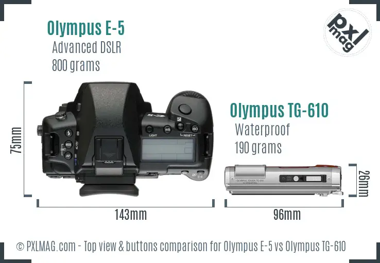 Olympus E-5 vs Olympus TG-610 top view buttons comparison