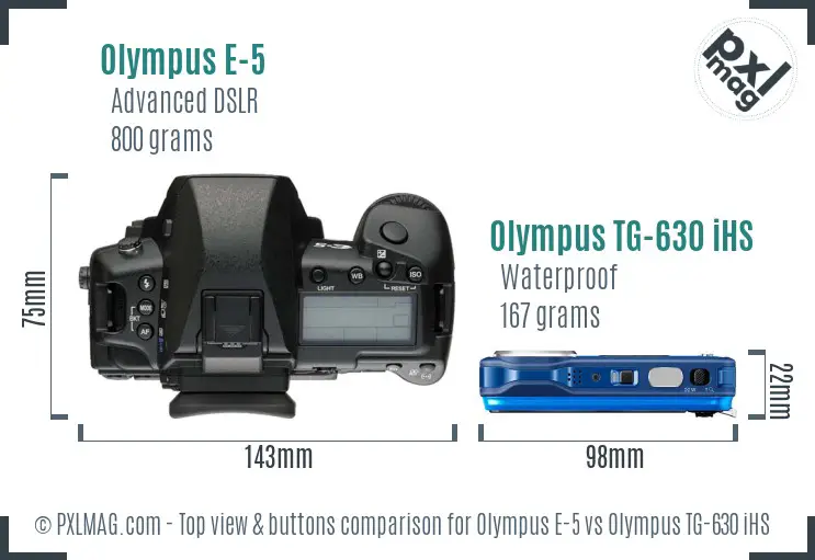 Olympus E-5 vs Olympus TG-630 iHS top view buttons comparison