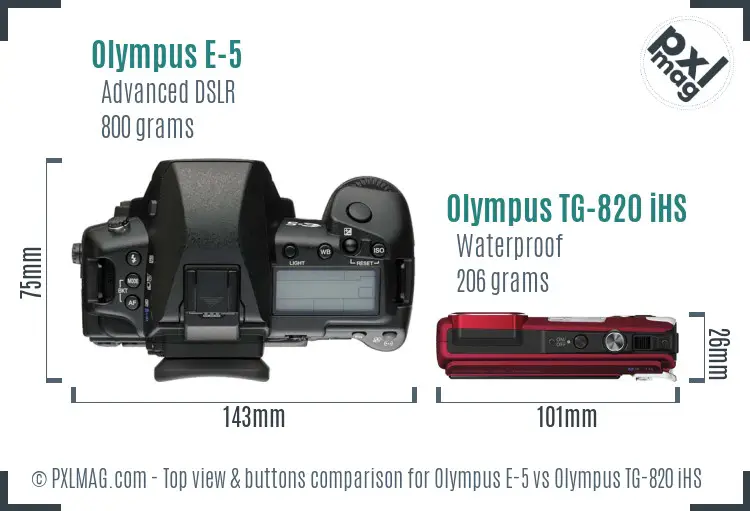 Olympus E-5 vs Olympus TG-820 iHS top view buttons comparison