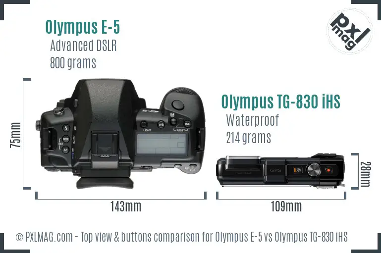 Olympus E-5 vs Olympus TG-830 iHS top view buttons comparison