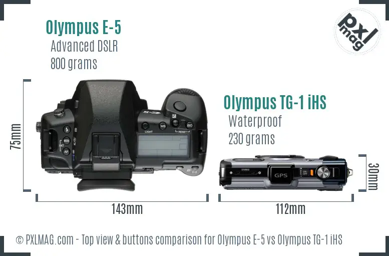 Olympus E-5 vs Olympus TG-1 iHS top view buttons comparison