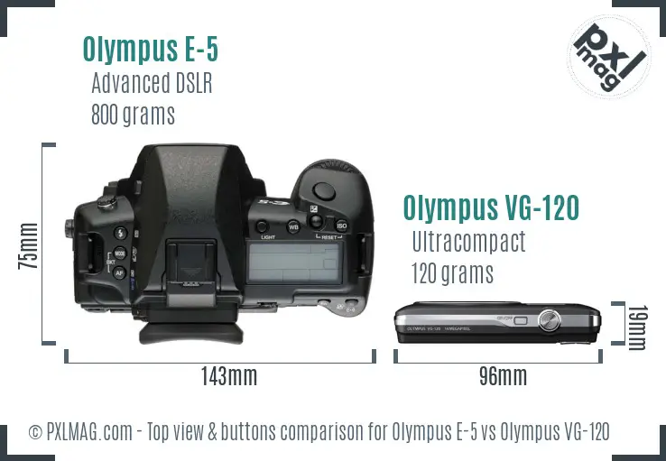 Olympus E-5 vs Olympus VG-120 top view buttons comparison