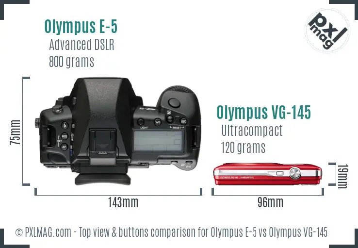 Olympus E-5 vs Olympus VG-145 top view buttons comparison