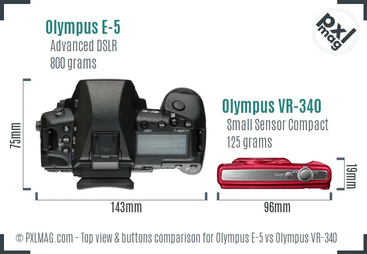 Olympus E-5 vs Olympus VR-340 top view buttons comparison