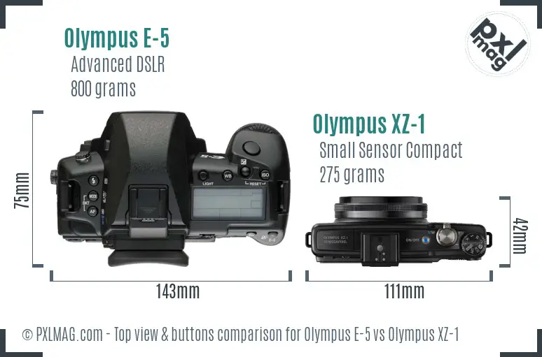 Olympus E-5 vs Olympus XZ-1 top view buttons comparison