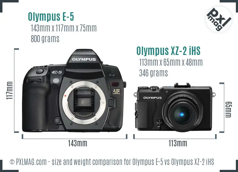 Olympus E-5 vs Olympus XZ-2 iHS size comparison