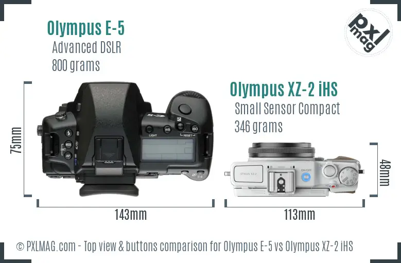 Olympus E-5 vs Olympus XZ-2 iHS top view buttons comparison