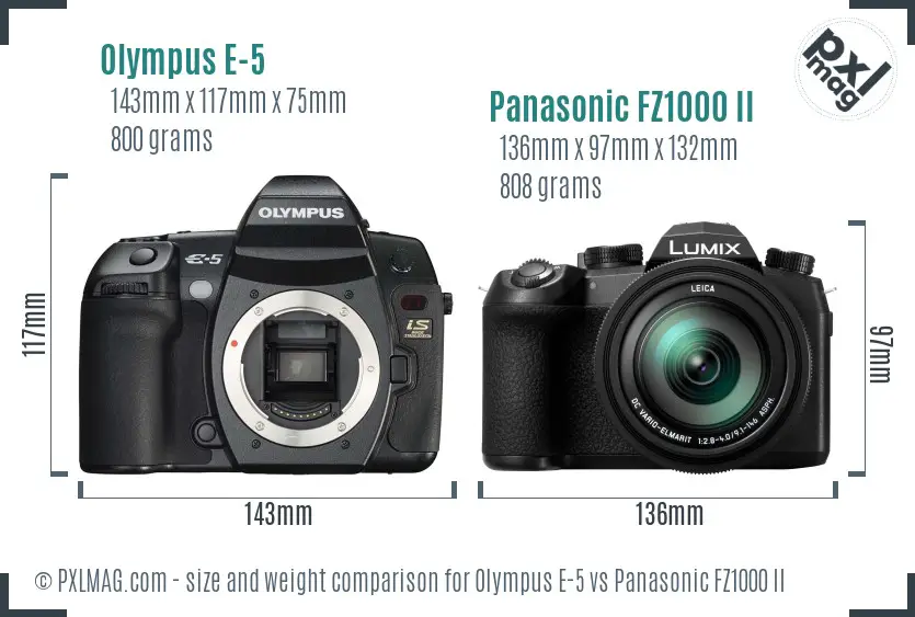 Olympus E-5 vs Panasonic FZ1000 II size comparison