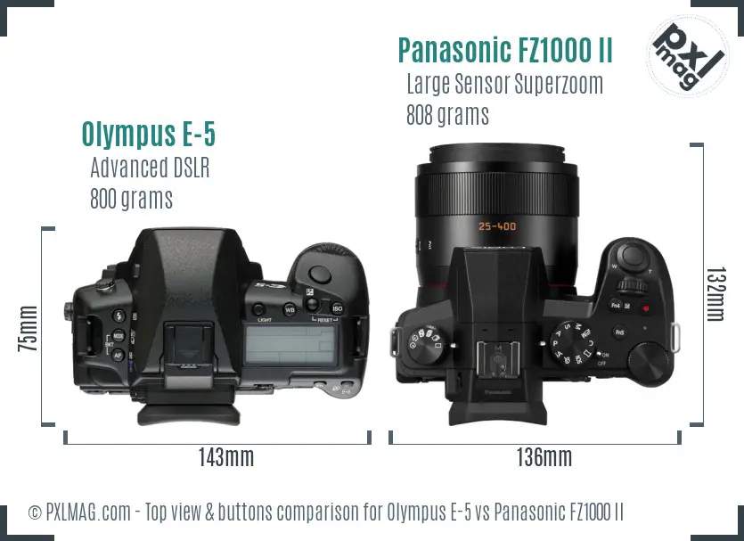 Olympus E-5 vs Panasonic FZ1000 II top view buttons comparison