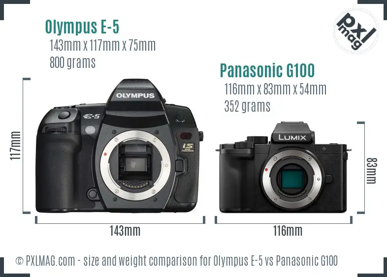 Olympus E-5 vs Panasonic G100 size comparison