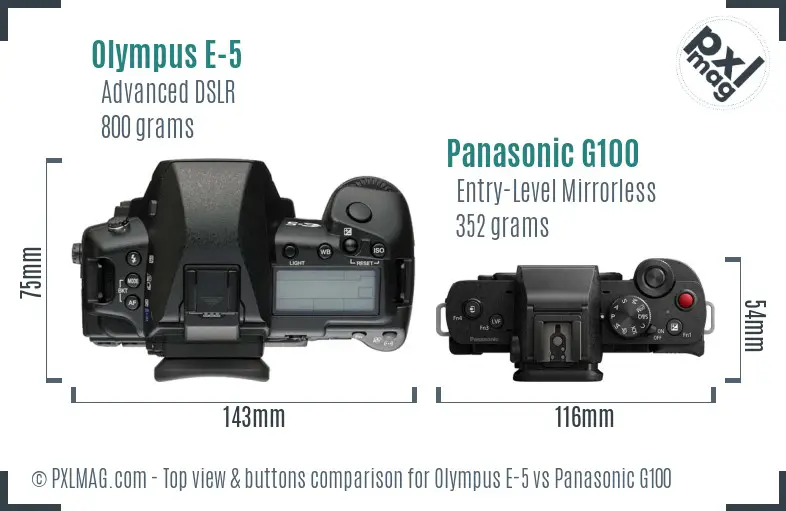 Olympus E-5 vs Panasonic G100 top view buttons comparison