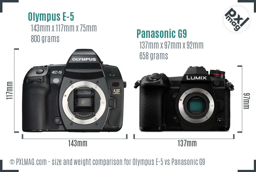 Olympus E-5 vs Panasonic G9 size comparison
