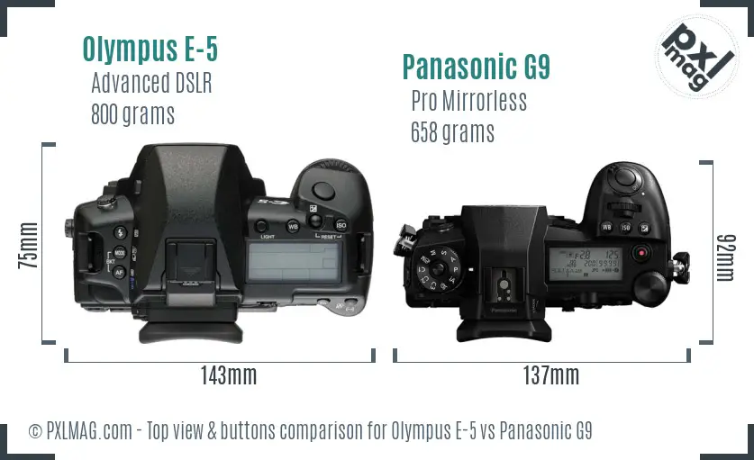 Olympus E-5 vs Panasonic G9 top view buttons comparison