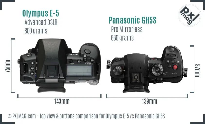 Olympus E-5 vs Panasonic GH5S top view buttons comparison