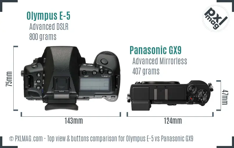 Olympus E-5 vs Panasonic GX9 top view buttons comparison