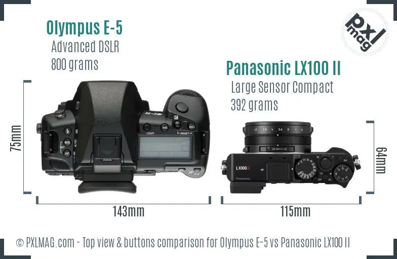 Olympus E-5 vs Panasonic LX100 II top view buttons comparison