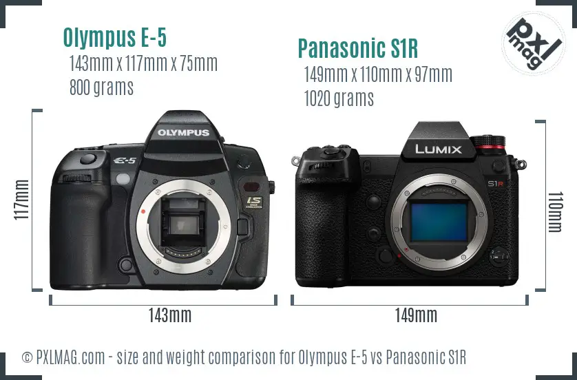 Olympus E-5 vs Panasonic S1R size comparison