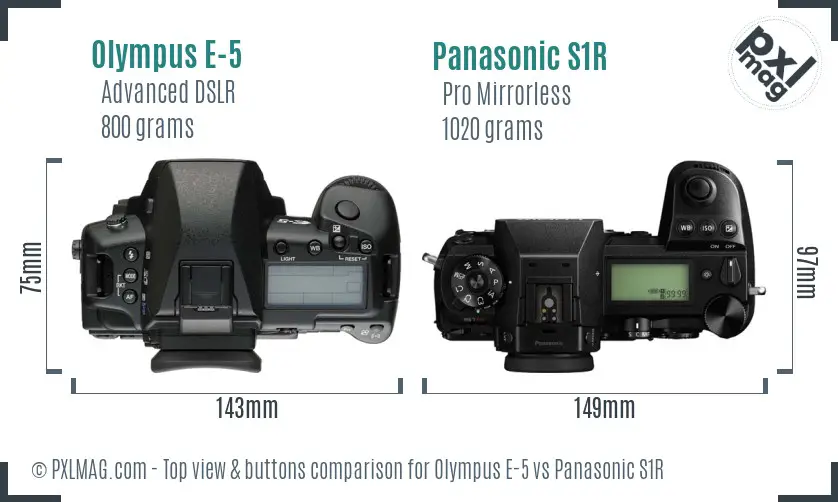 Olympus E-5 vs Panasonic S1R top view buttons comparison