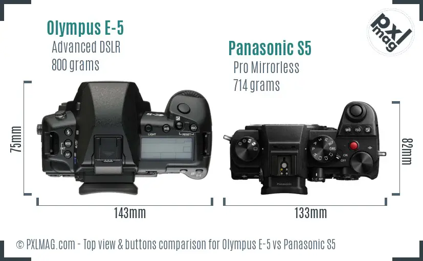 Olympus E-5 vs Panasonic S5 top view buttons comparison