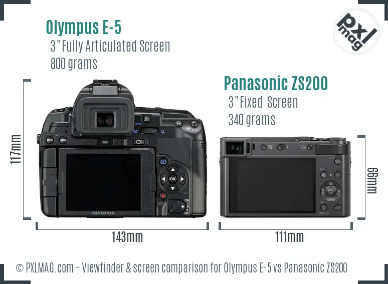 Olympus E-5 vs Panasonic ZS200 Screen and Viewfinder comparison