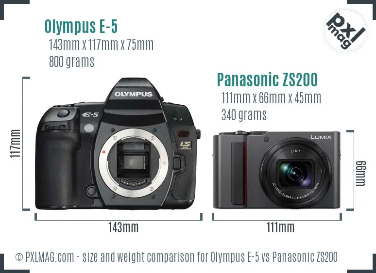 Olympus E-5 vs Panasonic ZS200 size comparison