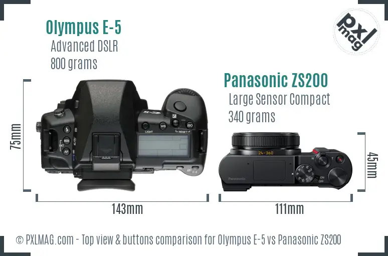 Olympus E-5 vs Panasonic ZS200 top view buttons comparison