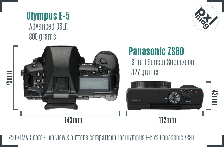 Olympus E-5 vs Panasonic ZS80 top view buttons comparison