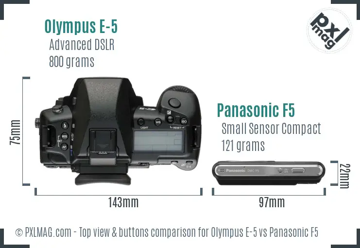 Olympus E-5 vs Panasonic F5 top view buttons comparison