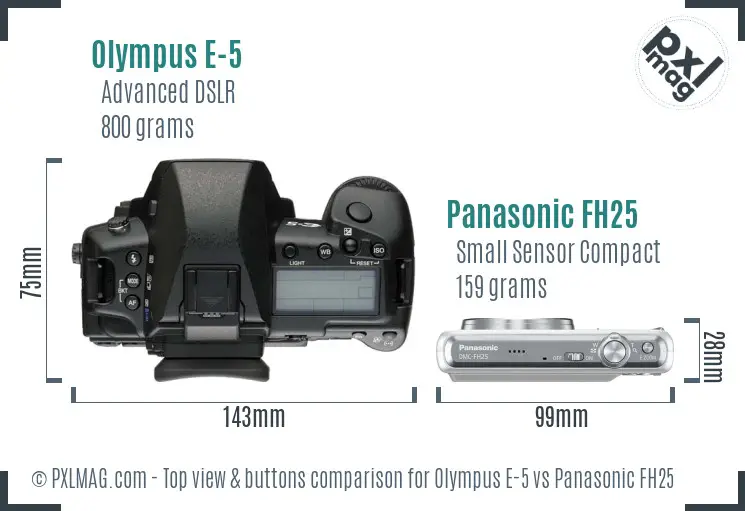 Olympus E-5 vs Panasonic FH25 top view buttons comparison