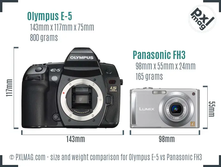 Olympus E-5 vs Panasonic FH3 size comparison
