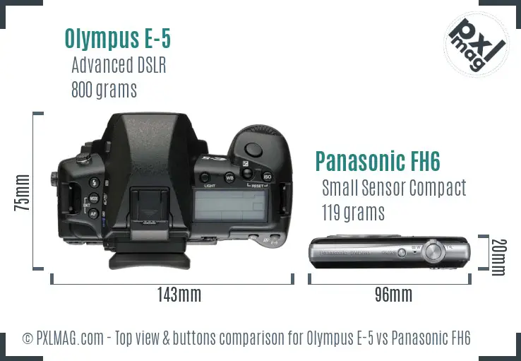 Olympus E-5 vs Panasonic FH6 top view buttons comparison
