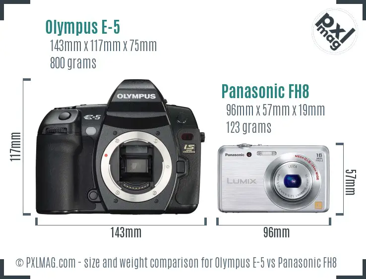 Olympus E-5 vs Panasonic FH8 size comparison