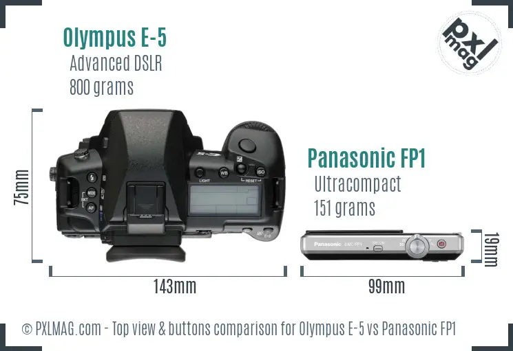 Olympus E-5 vs Panasonic FP1 top view buttons comparison
