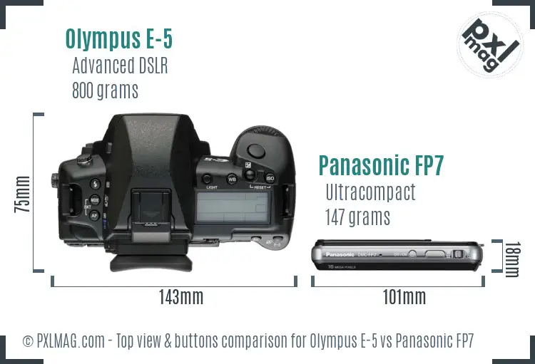 Olympus E-5 vs Panasonic FP7 top view buttons comparison