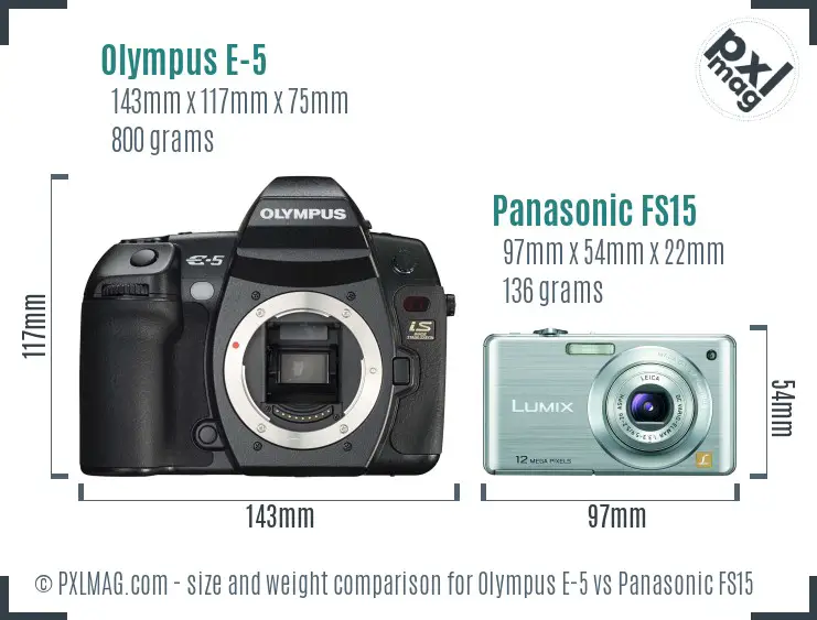 Olympus E-5 vs Panasonic FS15 size comparison