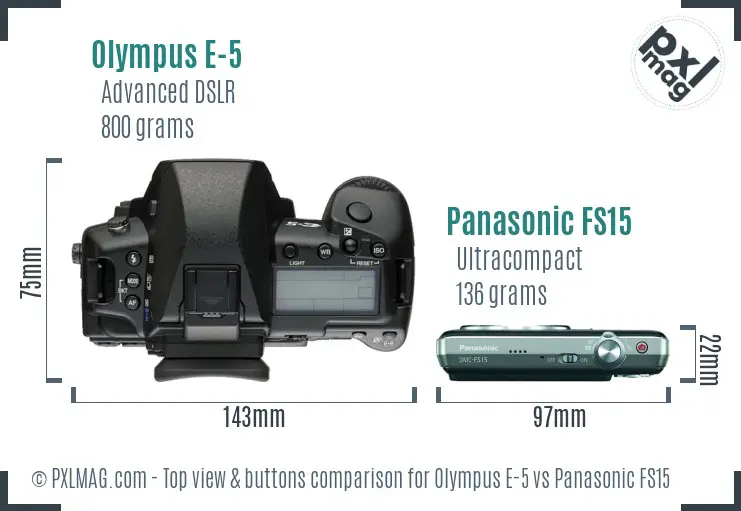 Olympus E-5 vs Panasonic FS15 top view buttons comparison