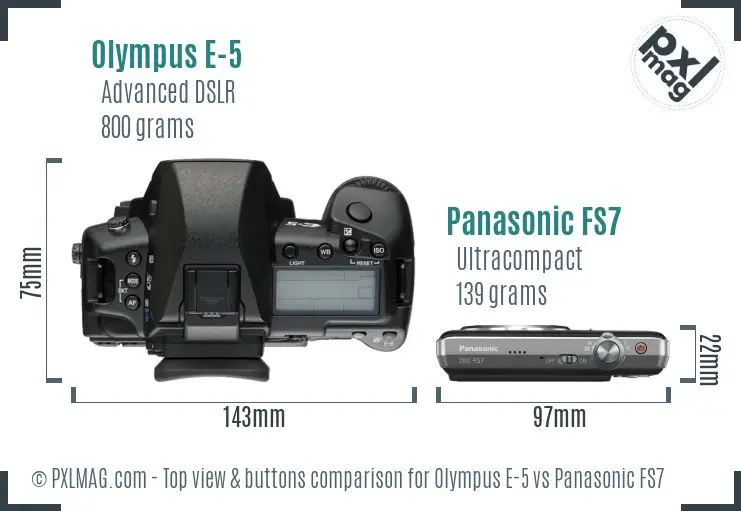 Olympus E-5 vs Panasonic FS7 top view buttons comparison