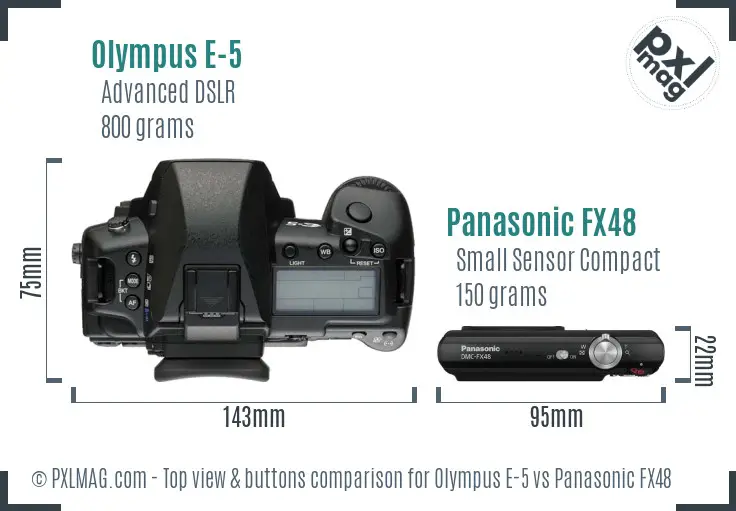 Olympus E-5 vs Panasonic FX48 top view buttons comparison