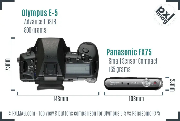 Olympus E-5 vs Panasonic FX75 top view buttons comparison