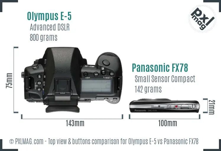 Olympus E-5 vs Panasonic FX78 top view buttons comparison