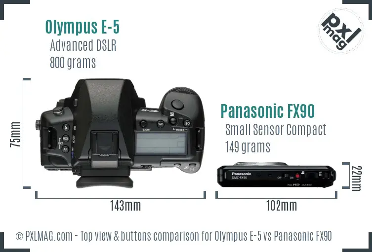 Olympus E-5 vs Panasonic FX90 top view buttons comparison