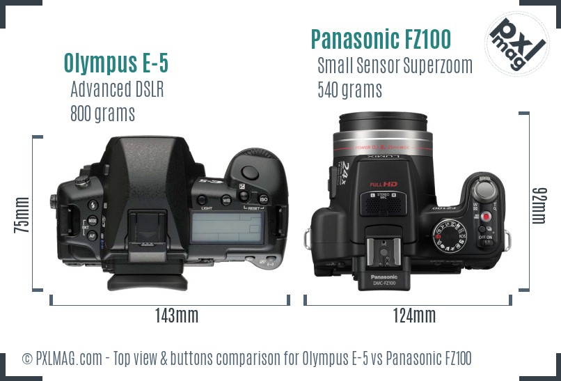 Olympus E-5 vs Panasonic FZ100 top view buttons comparison