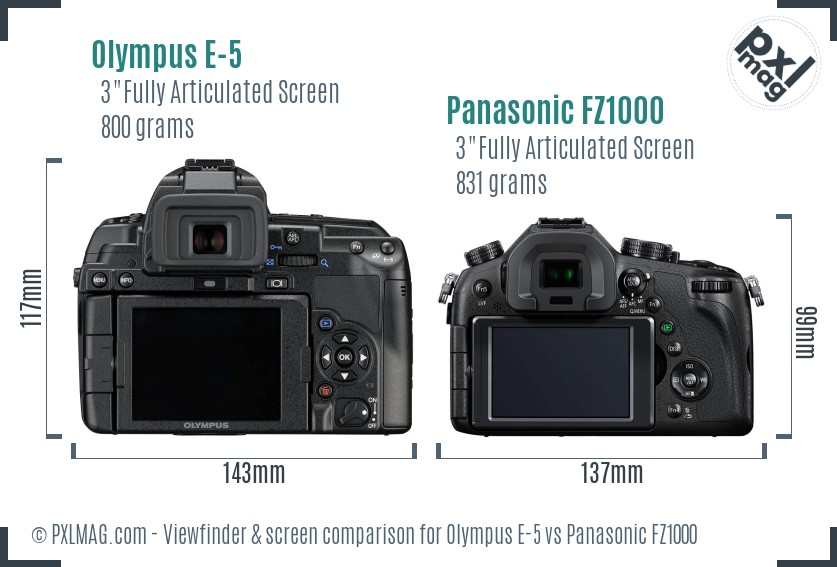 Olympus E-5 vs Panasonic FZ1000 Screen and Viewfinder comparison