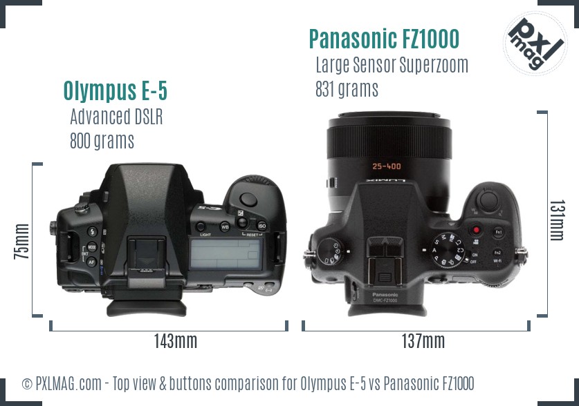 Olympus E-5 vs Panasonic FZ1000 top view buttons comparison